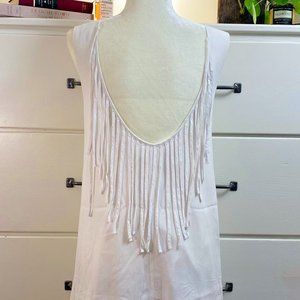 Vintage White Dress + Low Back + Fringe + Small